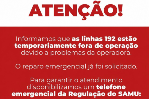 Prefeitura de Hortolândia informa que linha 192 do SAMU está inoperante.